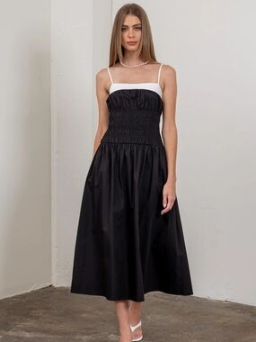 Black Smocked Midi Dress with White Trim